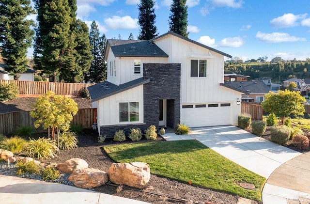 2228 Chateau Ct, Santa Rosa, CA 95404 - modern farmhouse with board and batten siding, a front yard, fence, stone siding, and driveway