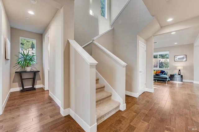2228 Chateau Ct, Santa Rosa, CA 95404 - stairway featuring baseboards, wood finished floors, and recessed lighting