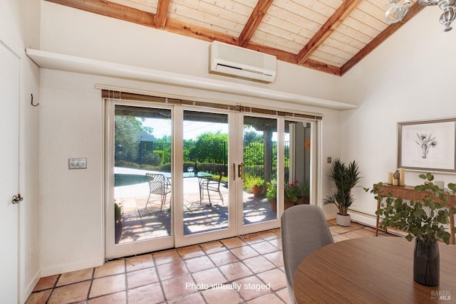 doorway to outside featuring an AC wall unit, vaulted ceiling with beams, baseboards, wood ceiling, and light tile patterned floors