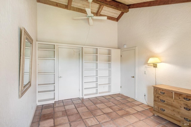 bedroom with high vaulted ceiling, a ceiling fan, tile patterned floors, and beamed ceiling