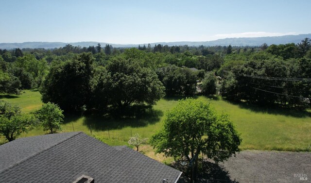 birds eye view of property featuring a mountain view and a wooded view