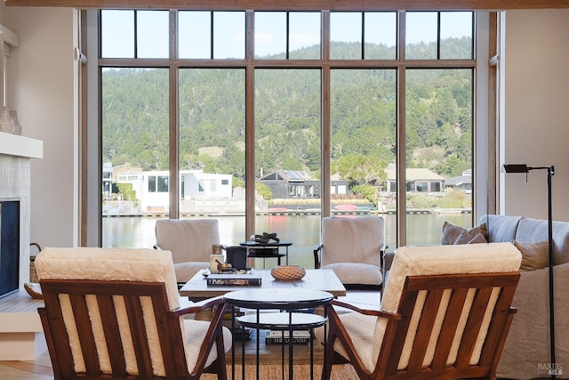 living room featuring a wealth of natural light, a wall of windows, and a water view