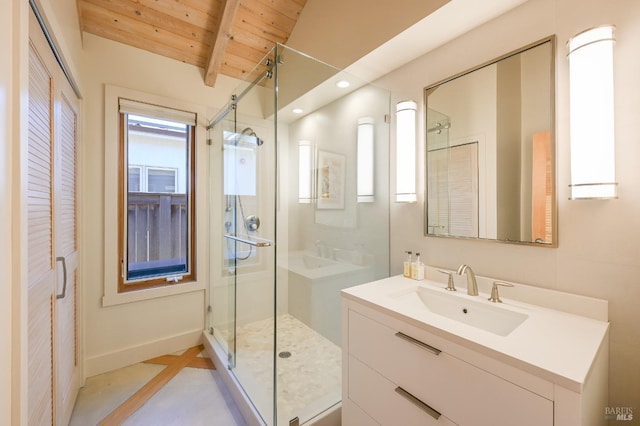 bathroom featuring vanity, vaulted ceiling with beams, a shower with shower door, and wooden ceiling