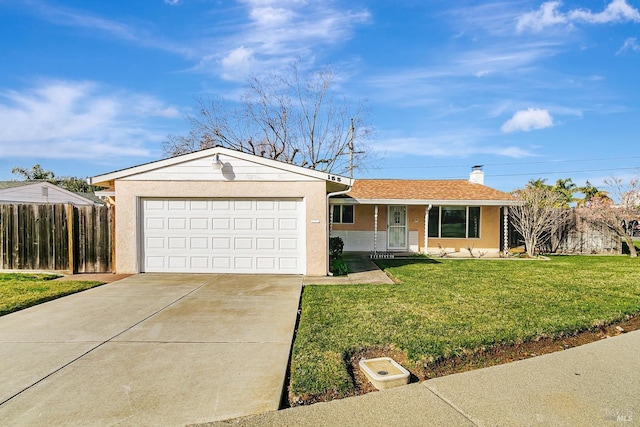 ranch-style house with a front yard and a garage