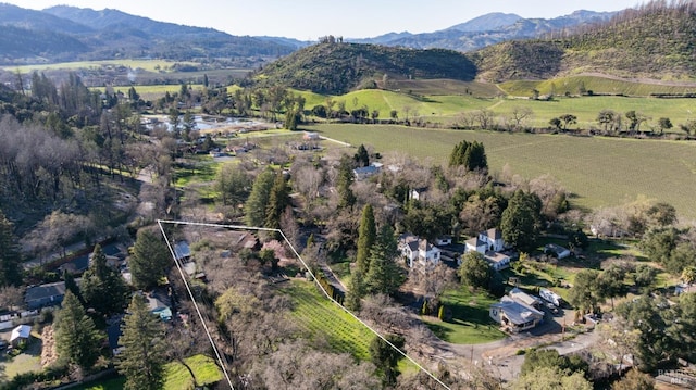 aerial view featuring a mountain view and a rural view