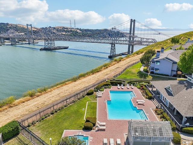 drone / aerial view featuring a water view