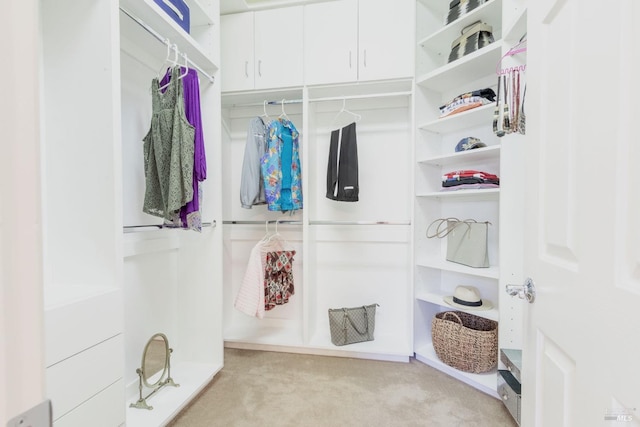 walk in closet with light carpet