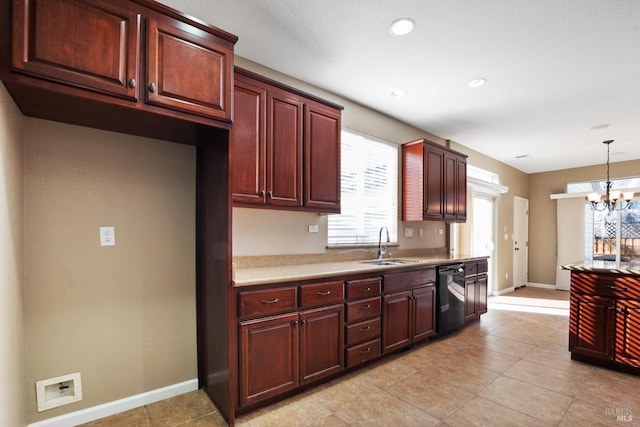 kitchen with an inviting chandelier, sink, light tile patterned flooring, dishwasher, and hanging light fixtures