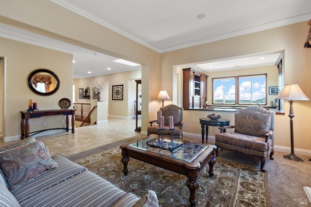 living room with ornamental molding