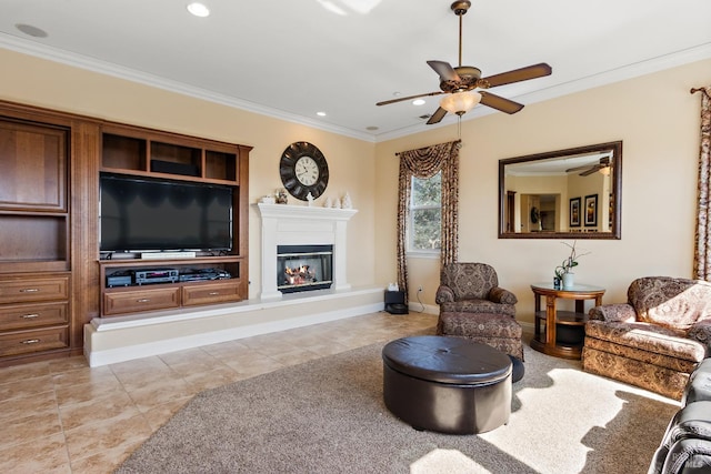 tiled living room with crown molding and ceiling fan