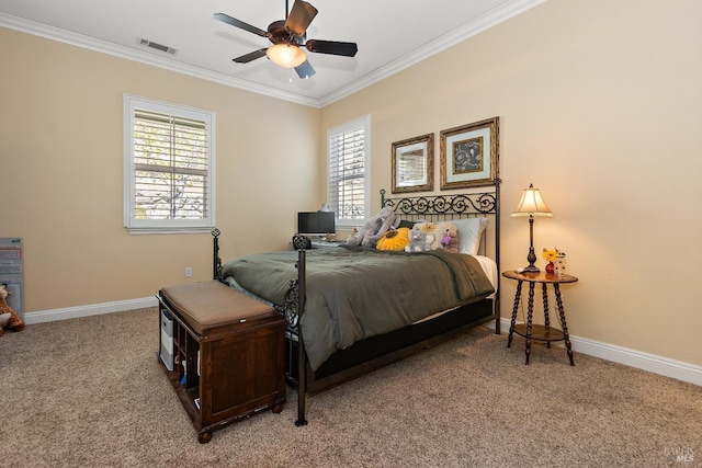 bedroom with multiple windows, crown molding, carpet flooring, and ceiling fan