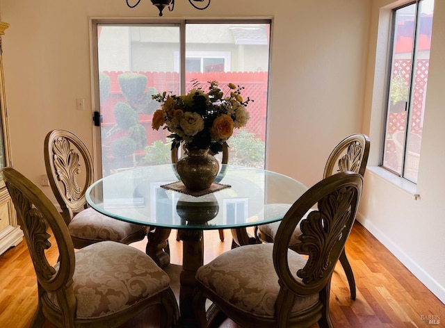 dining area featuring baseboards, wood finished floors, and a healthy amount of sunlight