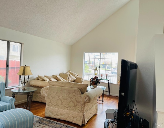 living area featuring vaulted ceiling, a healthy amount of sunlight, and wood finished floors