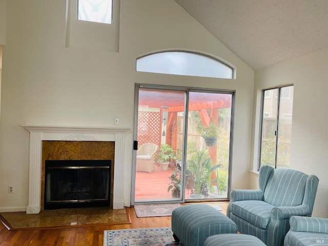 living room featuring a premium fireplace, high vaulted ceiling, and wood finished floors
