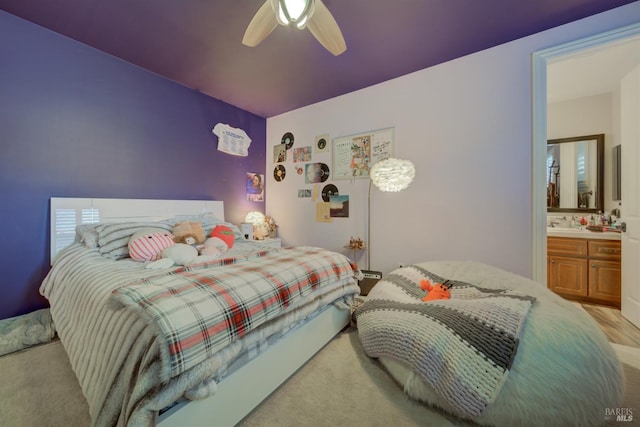 5319 Bayridge Ct, Fairfield, CA 94534 - bedroom with light carpet, ceiling fan, ensuite bathroom, and a sink