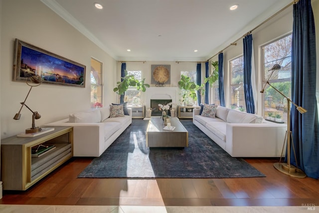 5319 Bayridge Ct, Fairfield, CA 94534 - living area with healthy amount of natural light, crown molding, wood-type flooring, a fireplace, and recessed lighting