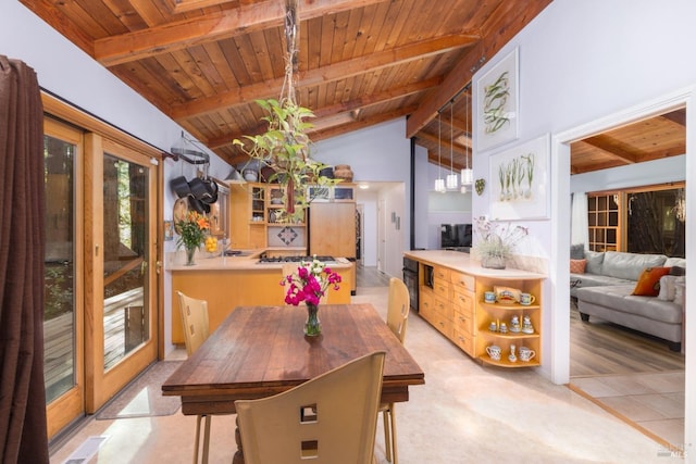 dining room featuring wood ceiling and lofted ceiling with beams