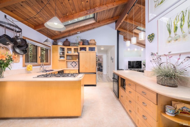 kitchen featuring pendant lighting, stainless steel gas cooktop, wood ceiling, and kitchen peninsula