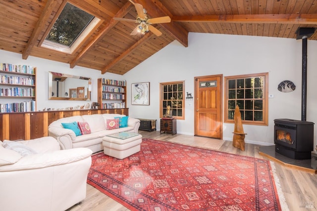 living room featuring light wood-type flooring, beamed ceiling, a skylight, a wood stove, and wood ceiling