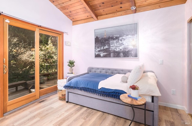 bedroom featuring wooden ceiling, light hardwood / wood-style floors, access to outside, and lofted ceiling