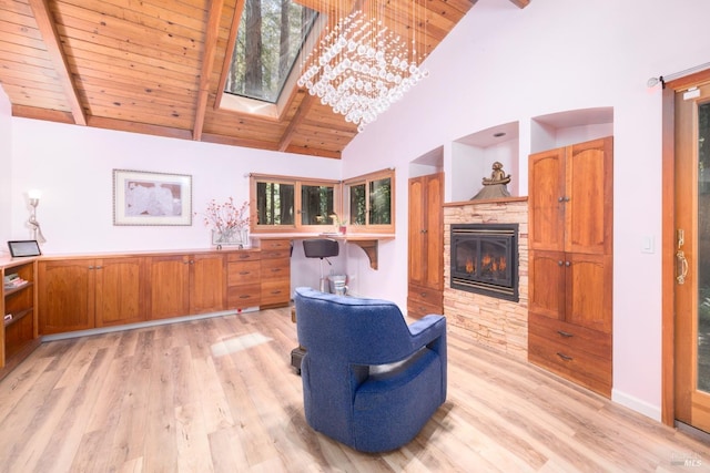 sitting room with beam ceiling, plenty of natural light, light hardwood / wood-style floors, and wood ceiling