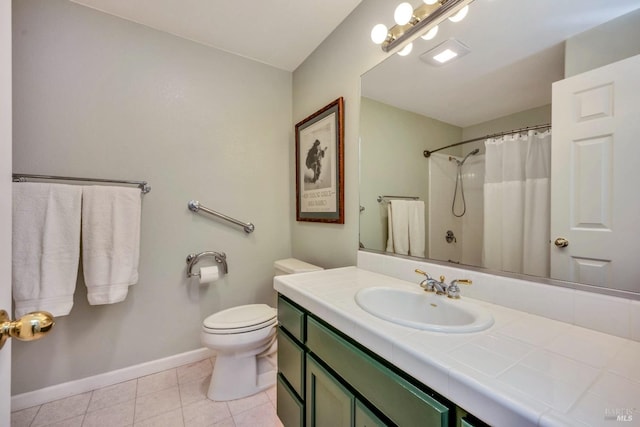 bathroom featuring toilet, vanity, tile patterned flooring, and a shower with curtain