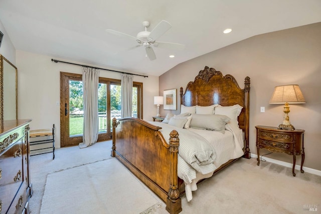 bedroom featuring light carpet, lofted ceiling, access to outside, and ceiling fan