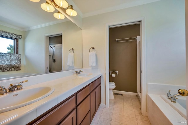 full bathroom with vanity, crown molding, toilet, tile patterned floors, and separate shower and tub