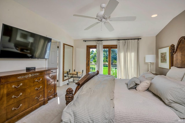 bedroom featuring light carpet and ceiling fan