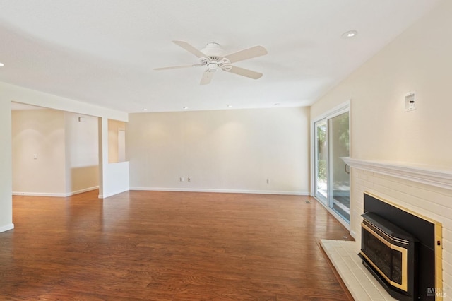 unfurnished living room featuring ceiling fan, baseboards, dark wood finished floors, and recessed lighting