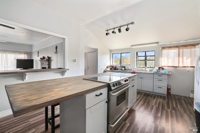 kitchen with wood counters, electric stove, vaulted ceiling, gray cabinetry, and dark hardwood / wood-style flooring