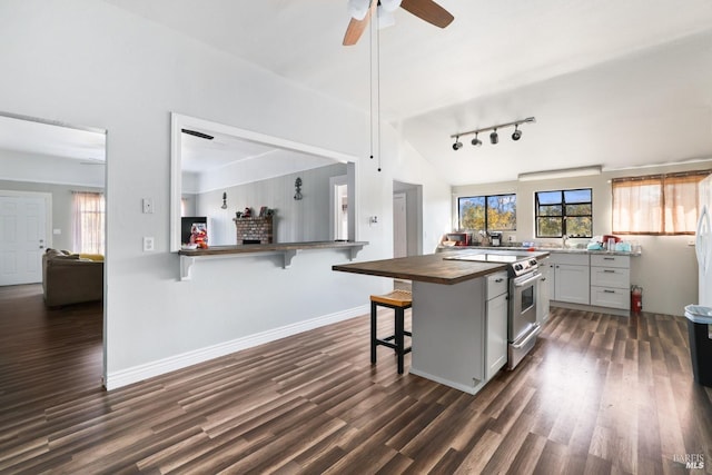 kitchen with butcher block counters, a kitchen breakfast bar, high end range, dark hardwood / wood-style flooring, and kitchen peninsula