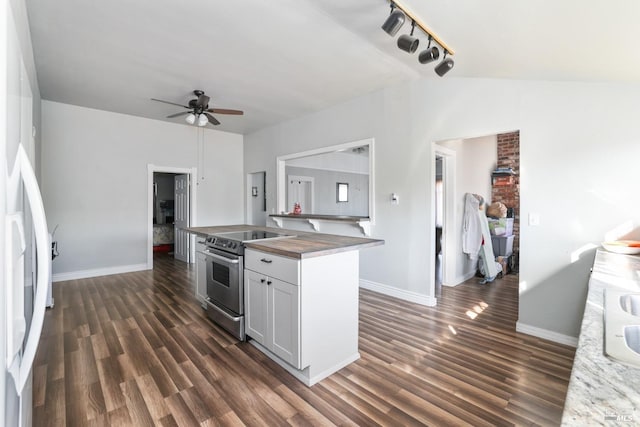 kitchen featuring refrigerator, butcher block counters, dark wood-type flooring, stainless steel electric stove, and ceiling fan