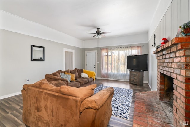 9211 Boyce Rd, Winters, CA 95694 - living area with ceiling fan, a fireplace, baseboards, and wood finished floors