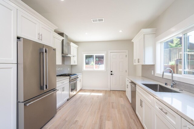 1008 Evans Ave, Napa, CA 94559 - kitchen with wall chimney range hood, a sink, visible vents, high end appliances, and white cabinets