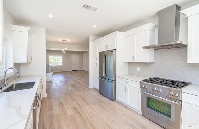 1008 Evans Ave, Napa, CA 94559 - kitchen with white cabinetry, a sink, visible vents, premium appliances, and wall chimney exhaust hood