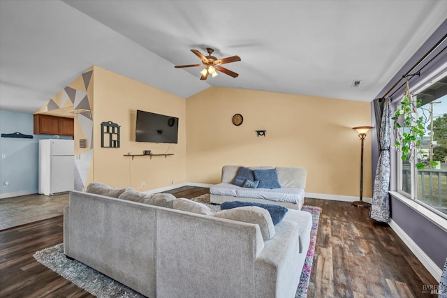 19839 Mountain Mdw S, Hidden Valley Lake, CA 95467 - living room featuring ceiling fan, lofted ceiling, and dark wood-type flooring