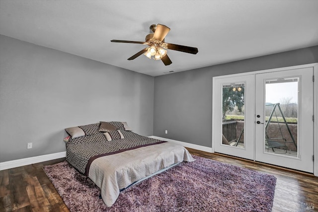 19839 Mountain Mdw S, Hidden Valley Lake, CA 95467 - bedroom featuring french doors, access to exterior, ceiling fan, and dark hardwood / wood-style flooring