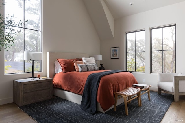 bedroom with lofted ceiling, wood finished floors, and baseboards