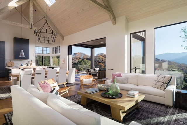 living room featuring beam ceiling, an inviting chandelier, wood ceiling, wood finished floors, and high vaulted ceiling