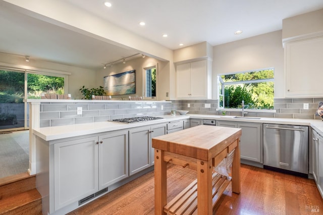 kitchen featuring light countertops, appliances with stainless steel finishes, a sink, and visible vents