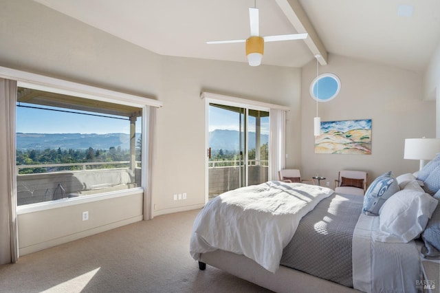 bedroom featuring vaulted ceiling with beams, access to outside, light carpet, and a mountain view