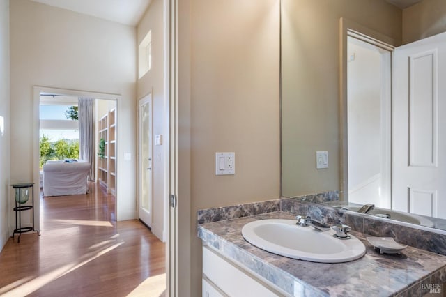 bathroom with vanity and wood finished floors