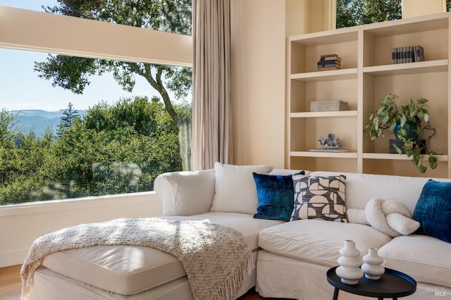 living area with built in features and a mountain view