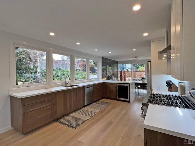 kitchen featuring light wood-type flooring, kitchen peninsula, range hood, sink, and appliances with stainless steel finishes