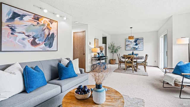 carpeted living room featuring a textured ceiling