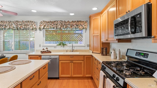 kitchen with light wood finished floors, light countertops, appliances with stainless steel finishes, a sink, and ceiling fan