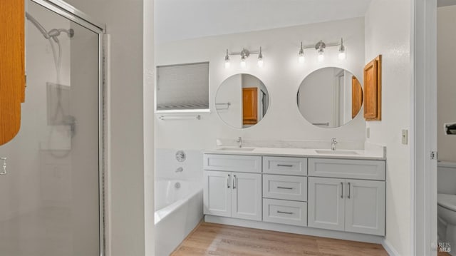 full bathroom featuring wood finished floors, a stall shower, a sink, and toilet