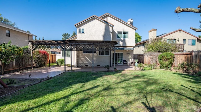 back of property featuring a patio, stucco siding, a fenced backyard, and a pergola