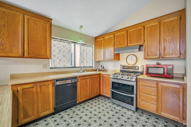 kitchen with dishwasher, light countertops, under cabinet range hood, double oven range, and a sink